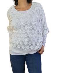 Chandail col en V en crochet losange blanc manche courte