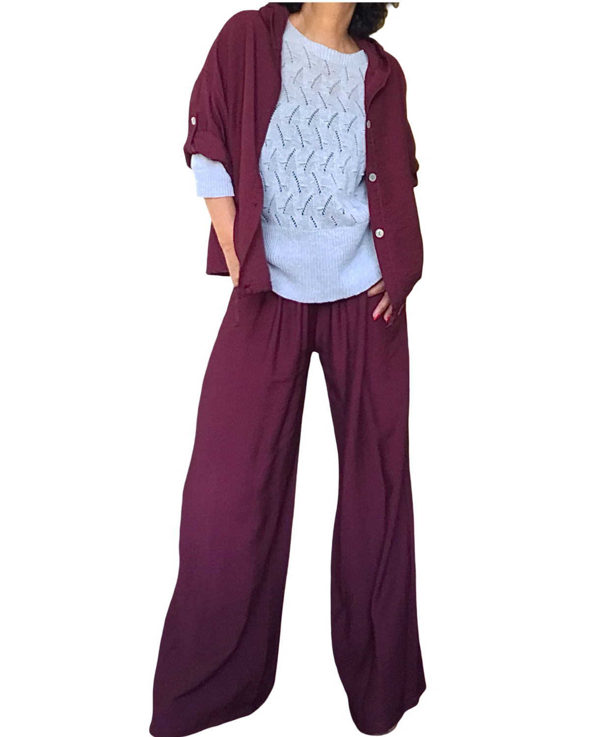 Pantalon palazzo bourgogne taille élastique 30 pouces de jambe
