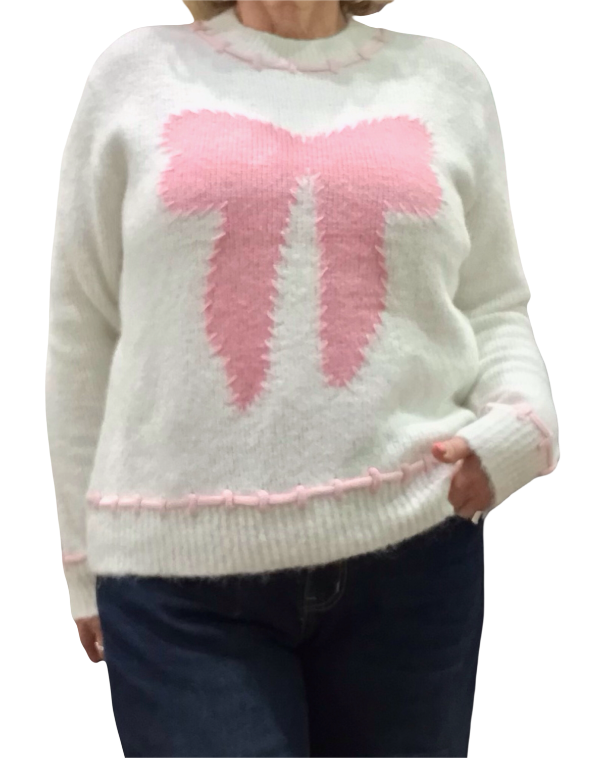 Chandail col rond blanc en tricot avec une boucle devant