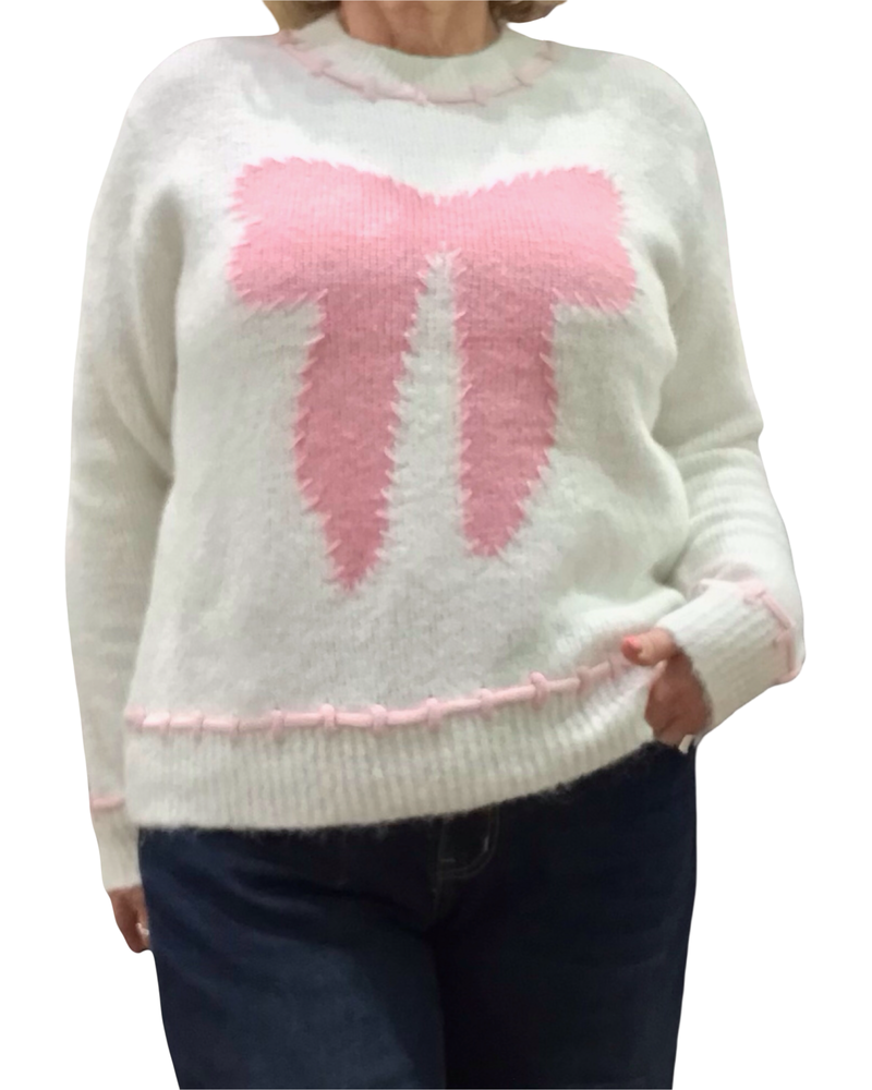 Chandail col rond blanc en tricot avec une boucle devant