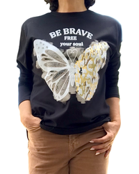 T-shirt col rond noir manche longue, dessin de papillon doré et blanc