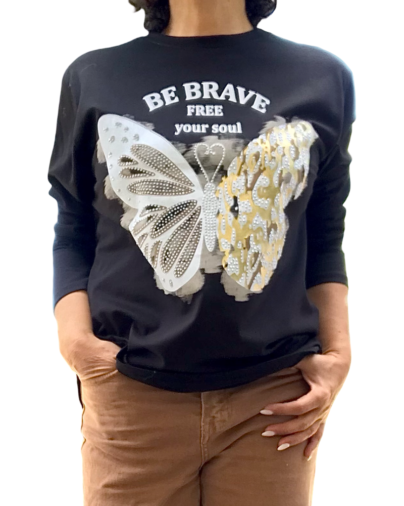 T-shirt col rond noir manche longue, dessin de papillon doré et blanc