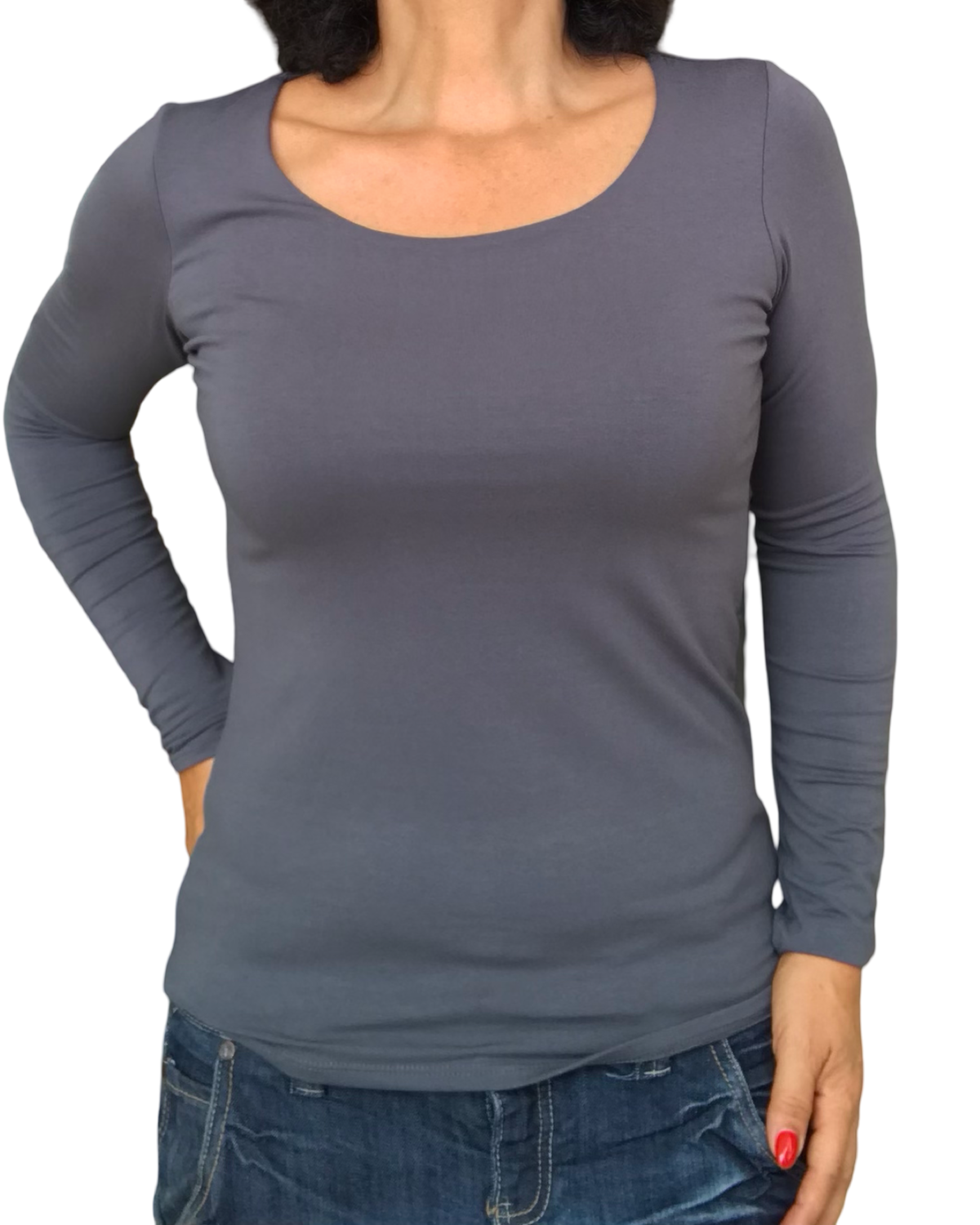 T-shirt uni S/M manche longue col en U gris