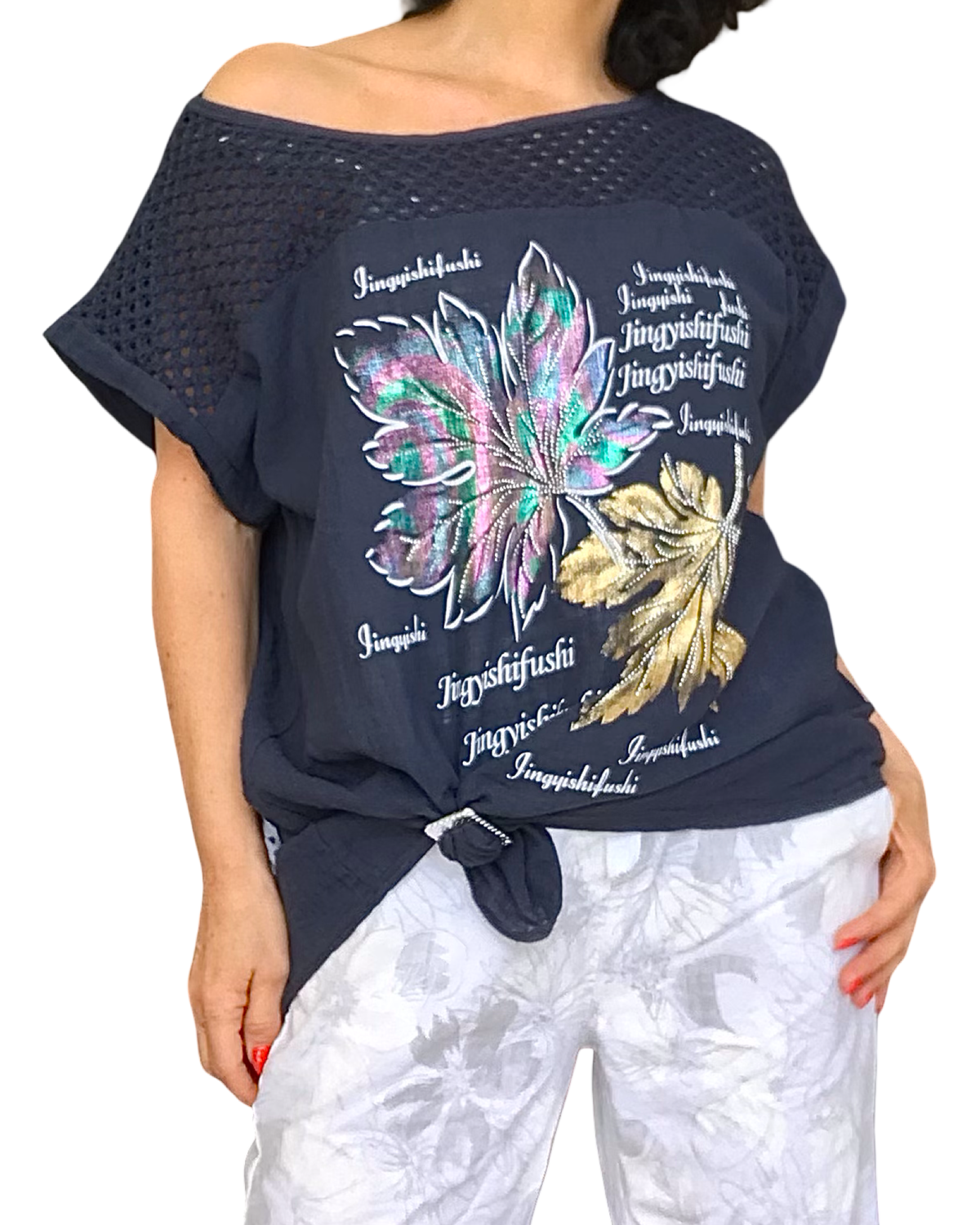 T-shirt marine avec dessin de feuilles, garni d’une bande en crochet dans le haut