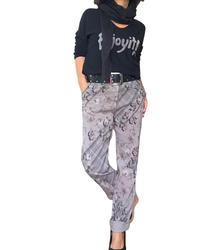 Pantalon à taille élastique moka imprimé floral brun avec cordon