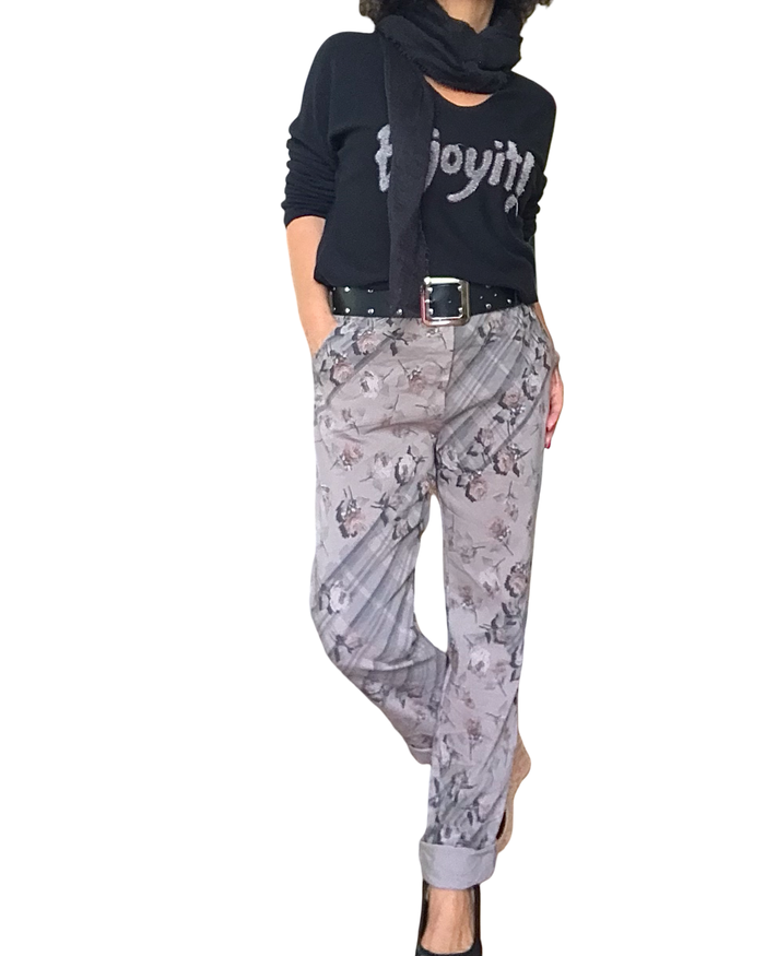 Pantalon à taille élastique moka imprimé floral brun avec cordon