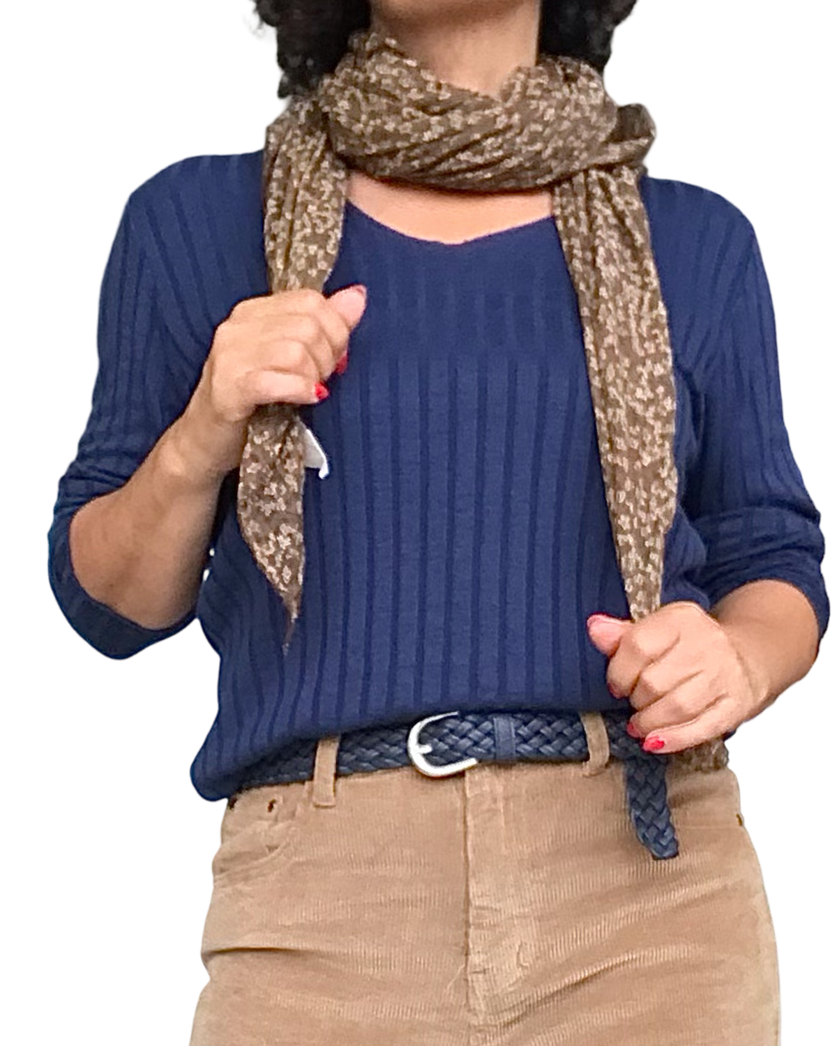 Chandail uni marine en rib col en V manche longue