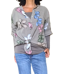 Blouse moka grosses fleurs bleu, rose, kaki et blanche