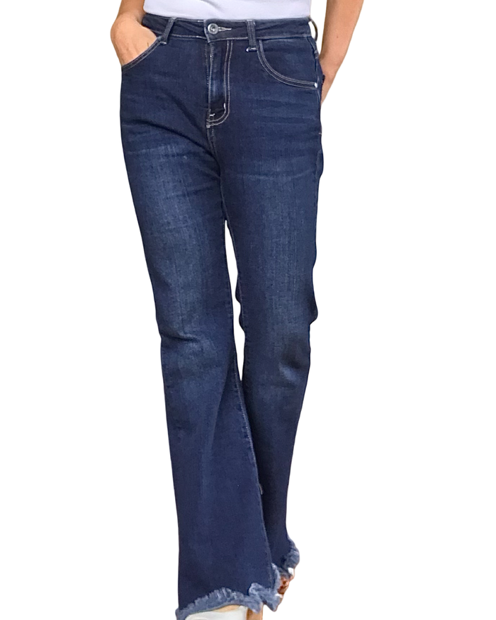 Jeans flare bleu foncé 29 pouces de jambes, frangé au bas