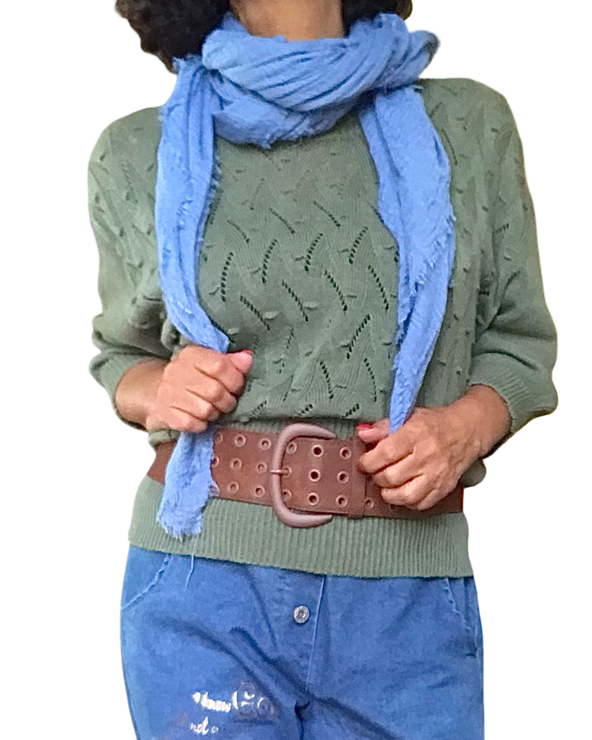 Chandail de tricot kaki pointelle, manche 3/4