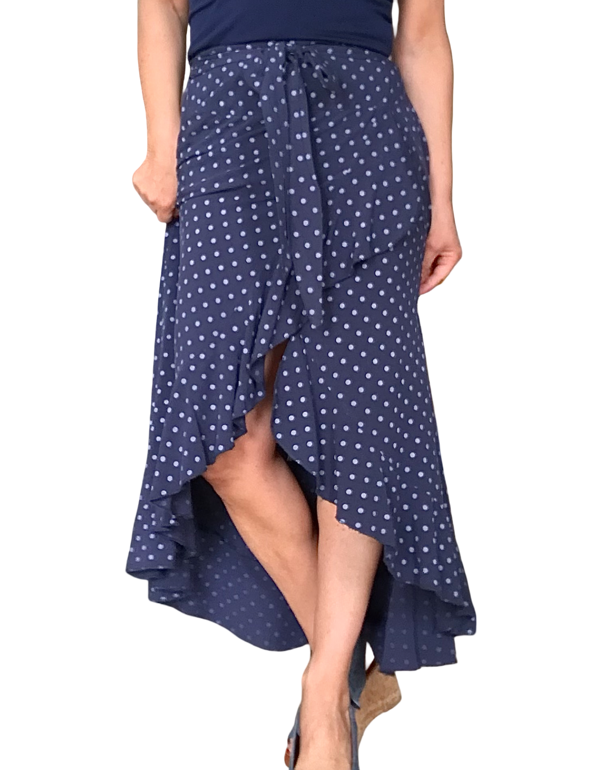 Jupe longue portefeuille marine à pois bleu ciel