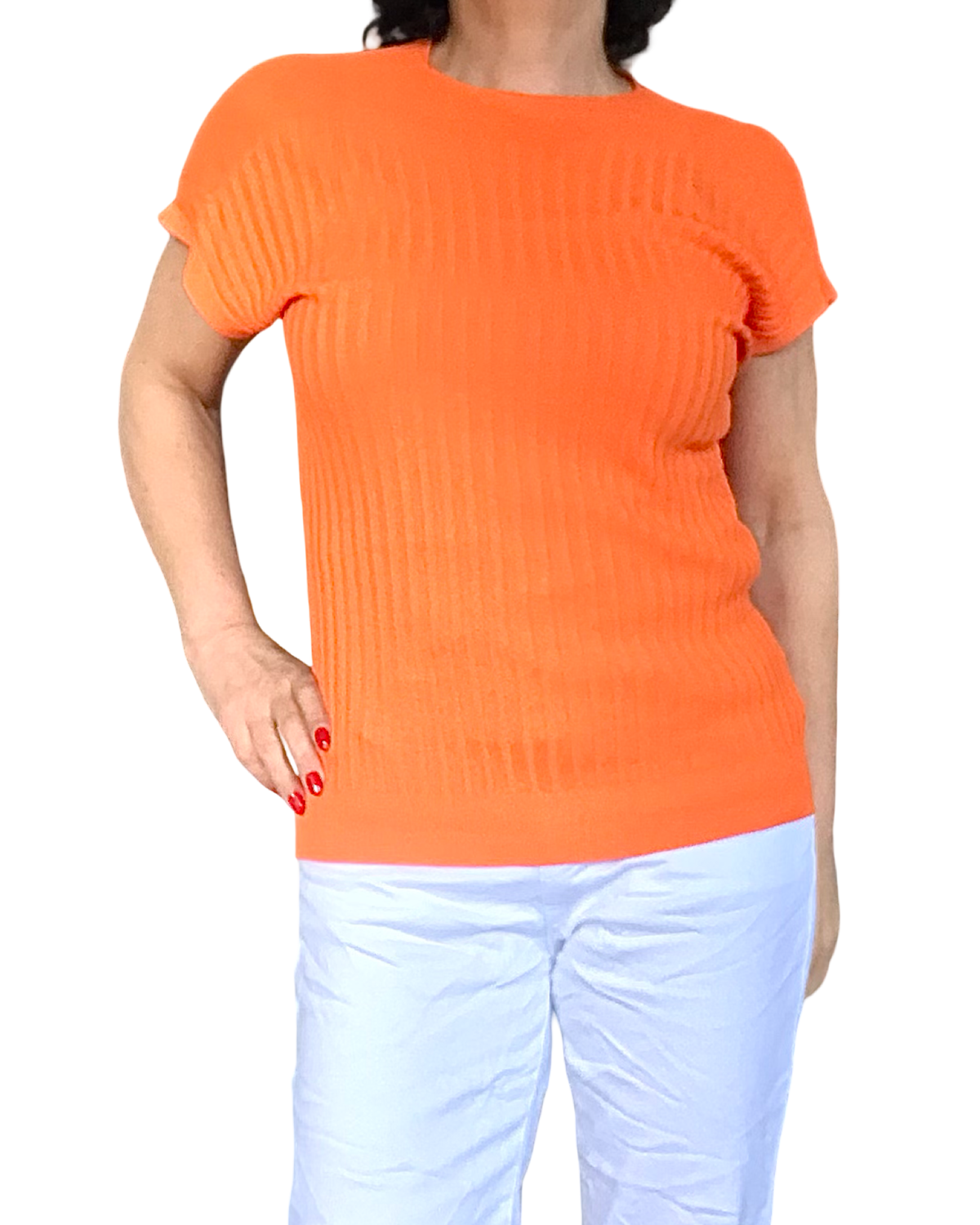 T-shirt côtelé uni orange col rond