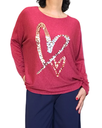 Chandail en tricot léger rouge avec cœur en paillettes argent et rouge