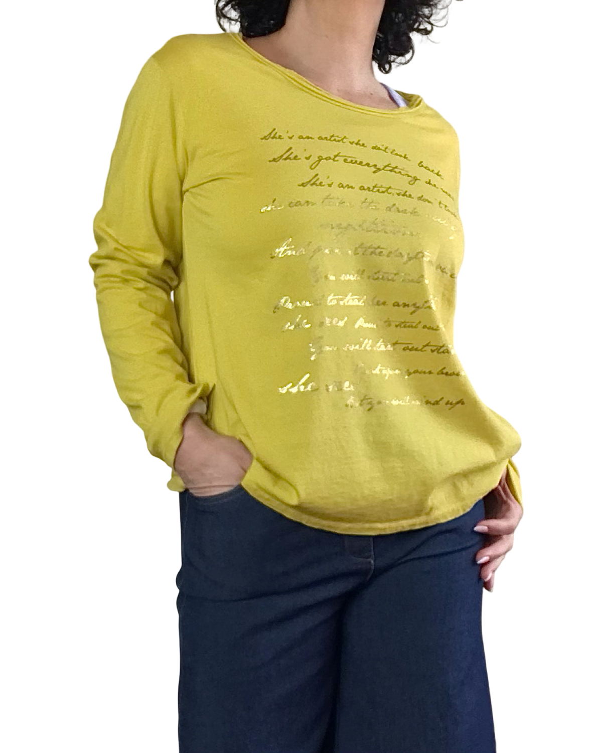 T-shirt manche longue jaune citron avec écritures dorées
