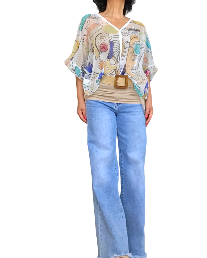 Chemise manche courte en voile imprimé visage multicolore