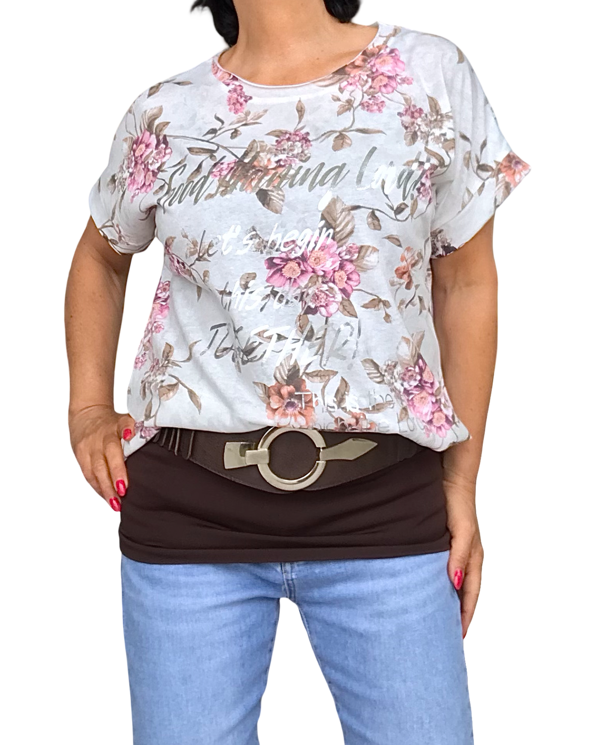 T-shirt col rond cordon au bas fleuri brun et rose