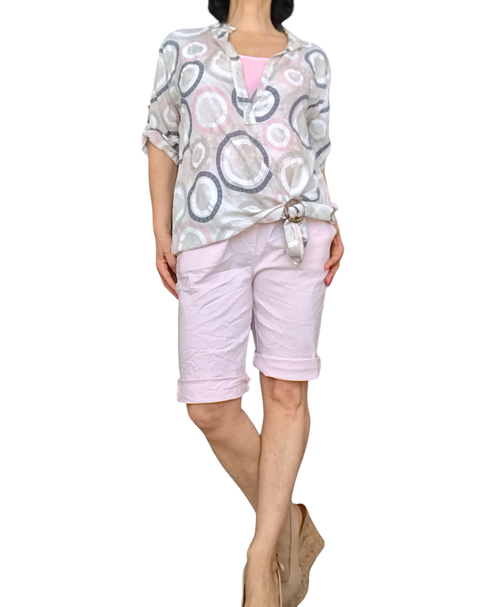 Blouse ciment imprimé de cercles moka, marine, rose et blanc, manche 3/4