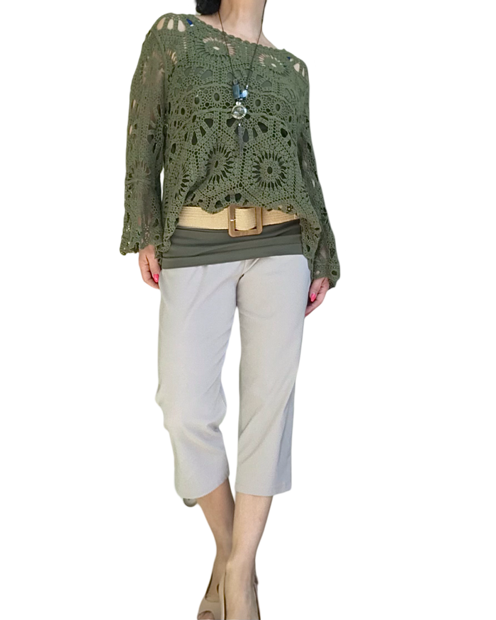 Chandail kaki en crochet manches cloche