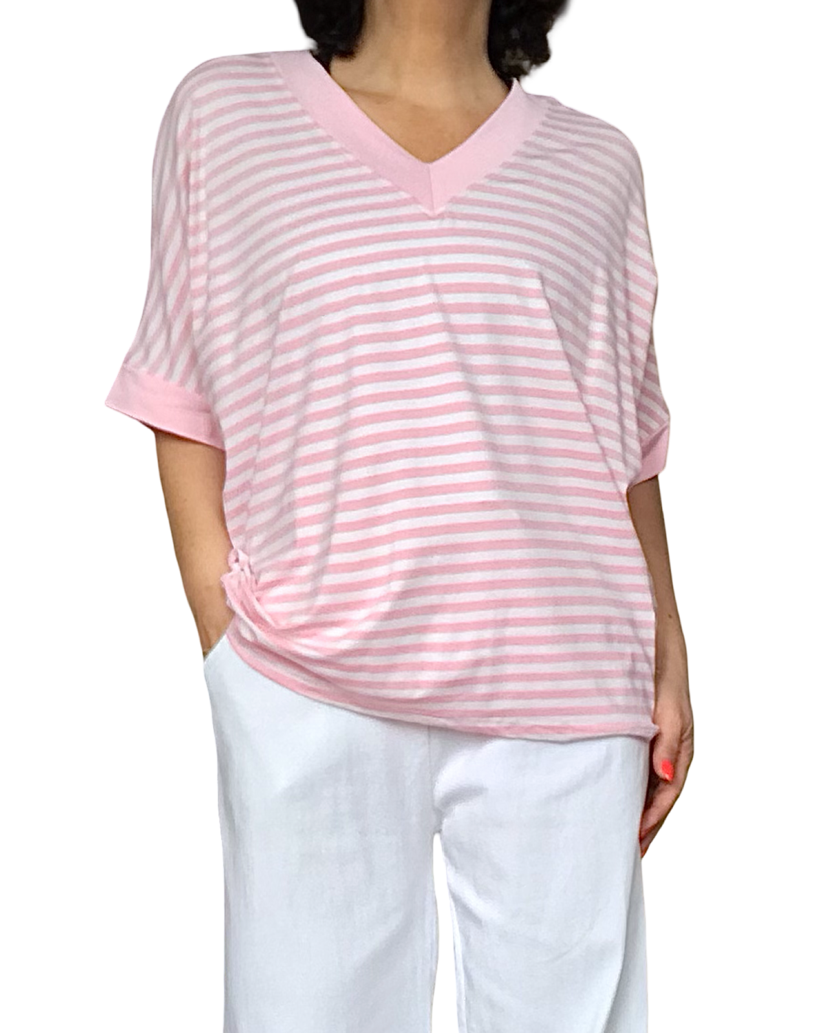 T-shirt rayé blanc et rose manche courte col en V