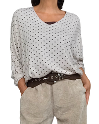 Chandail col en V beige à pois brun manche longue