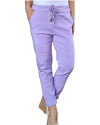 Pantalon lilas à taille élastique avec 4 boutons sur la boutonnière et cordon