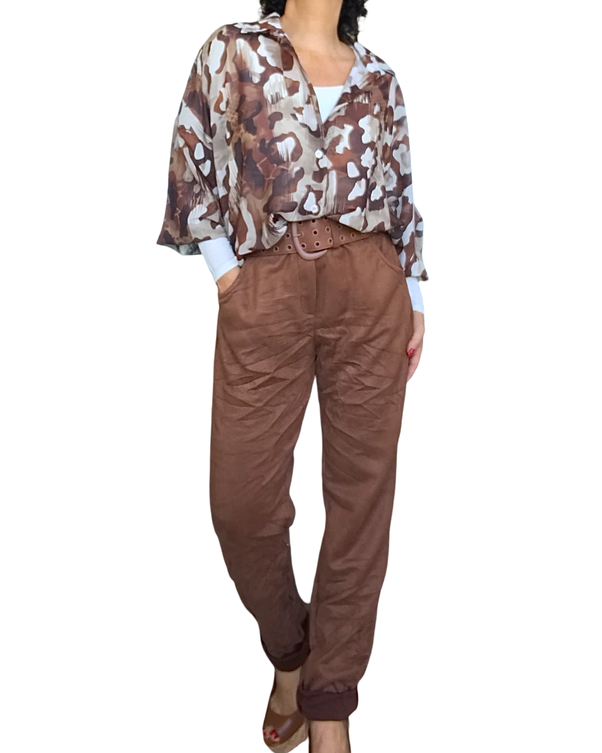 Chemise motif camouflage beige, crème, noisette et brun manche longue