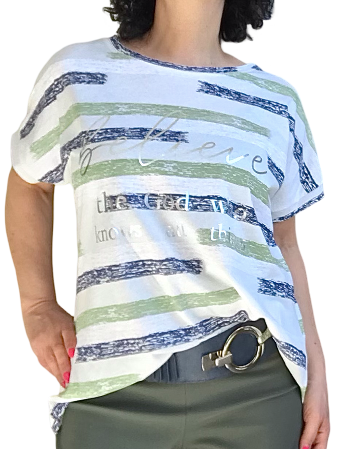 T-shirt rayé kaki et marine à message argenté