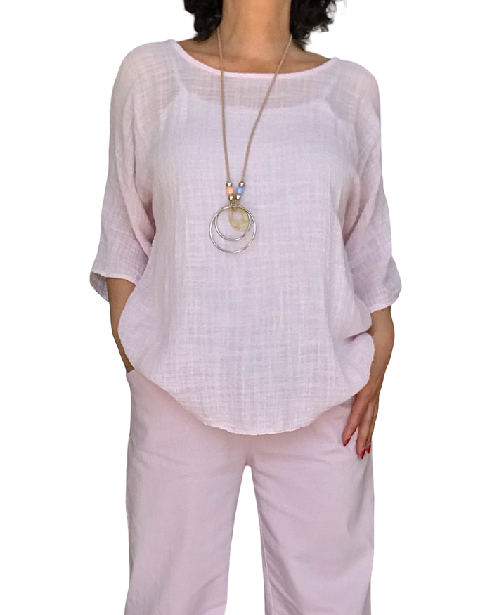 Blouse unie rose pâle à manches courtes, col rond