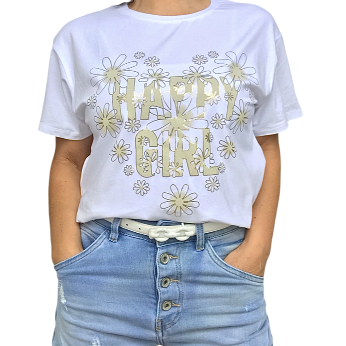 NEW - T-shirt blanc col en rond « happy girl »