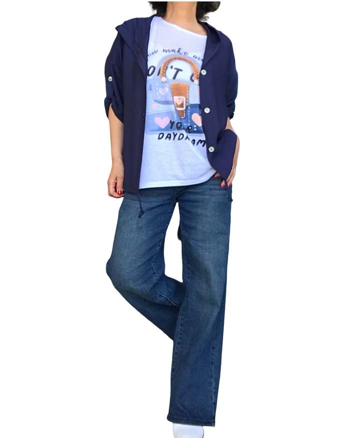 Chemise marine manche courte avec capuchon et cordon au bas