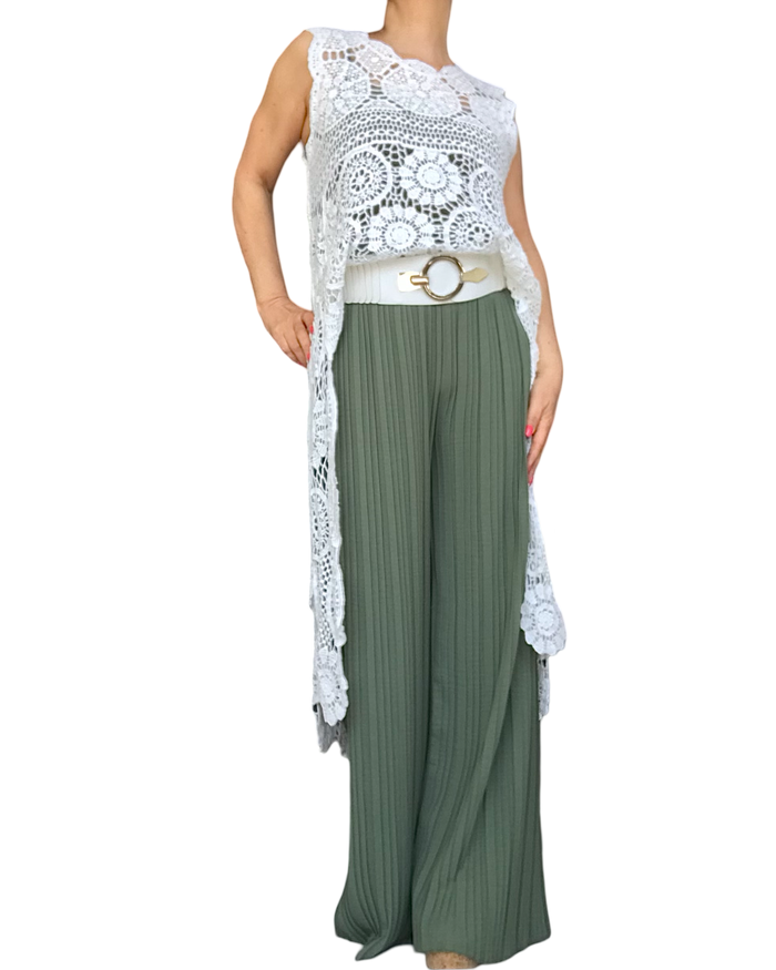 Pantalon kaki palazzo fluide à taille élastique