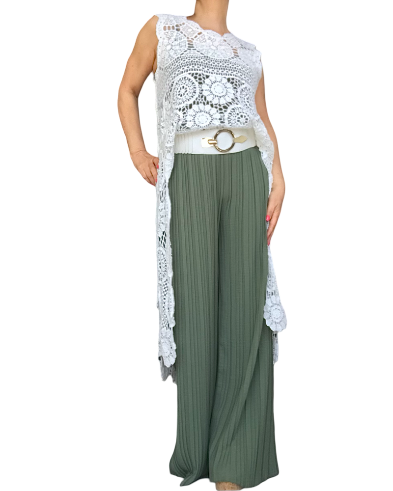 Pantalon kaki palazzo fluide à taille élastique