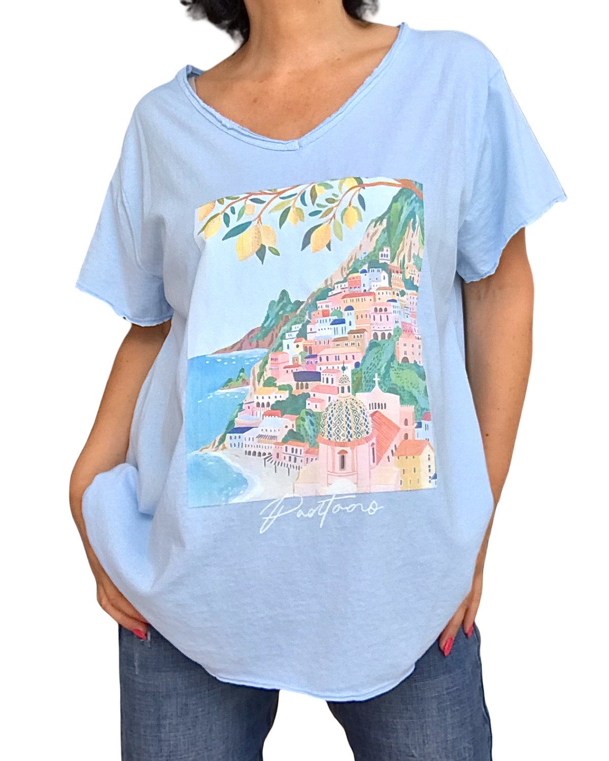 T-shirt col en V bleu ciel – Côte d’Azur