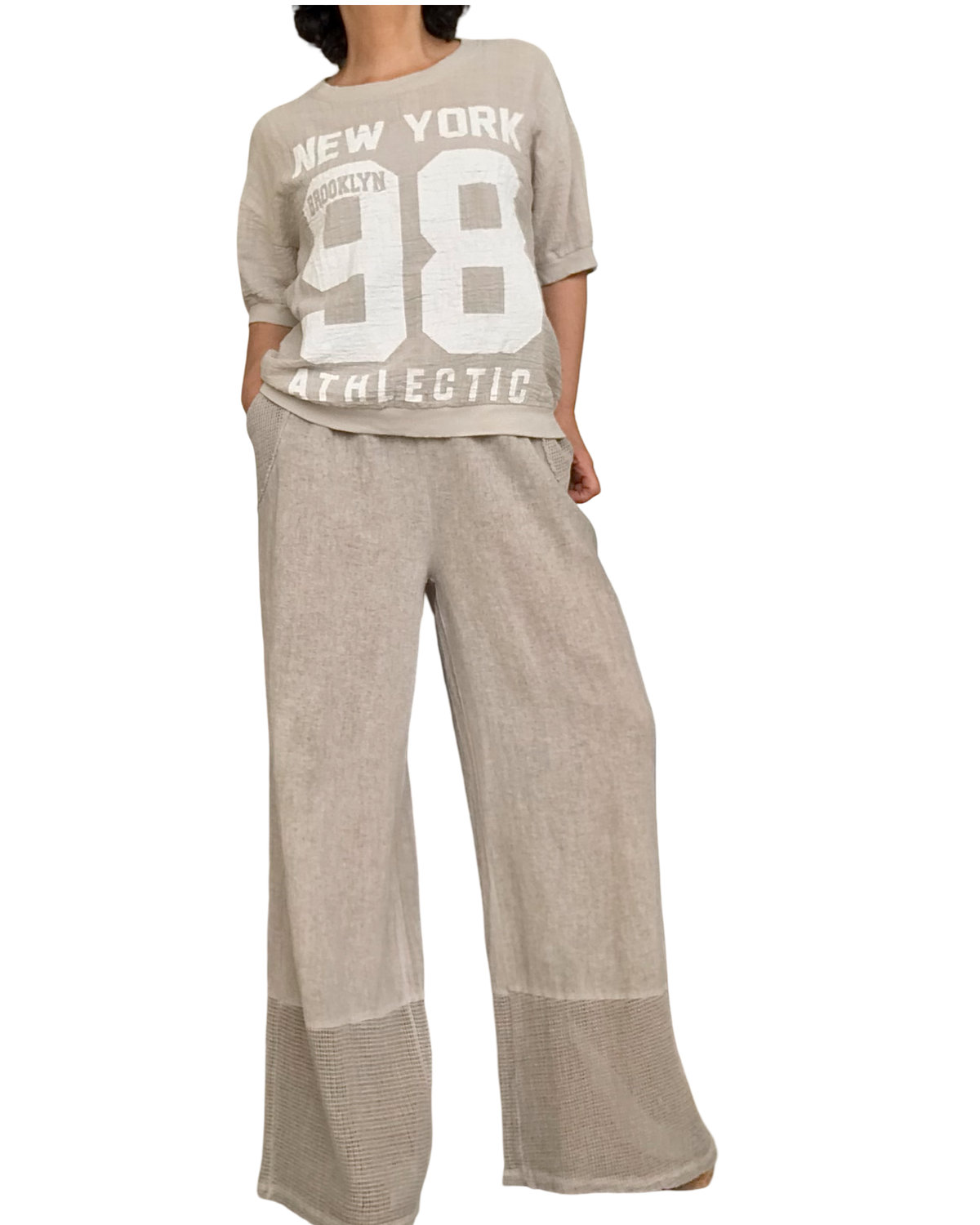 Pantalon beige délavé taille élastique, avec garniture en filet au bas