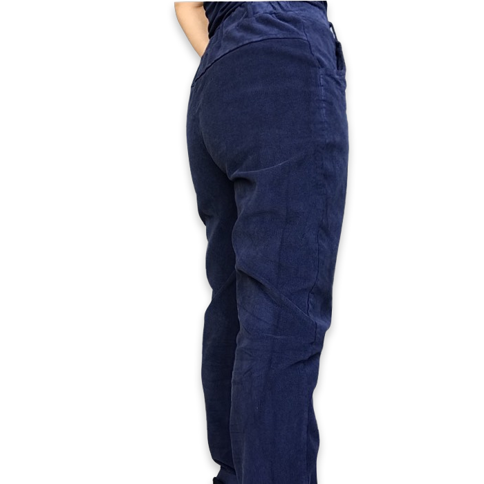 Pantalon bleu marin en velours cotelé à taille élastique de coté