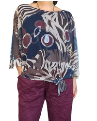 Blouse manches 3/4 en voile imprimé zébré et cercle noué au bas