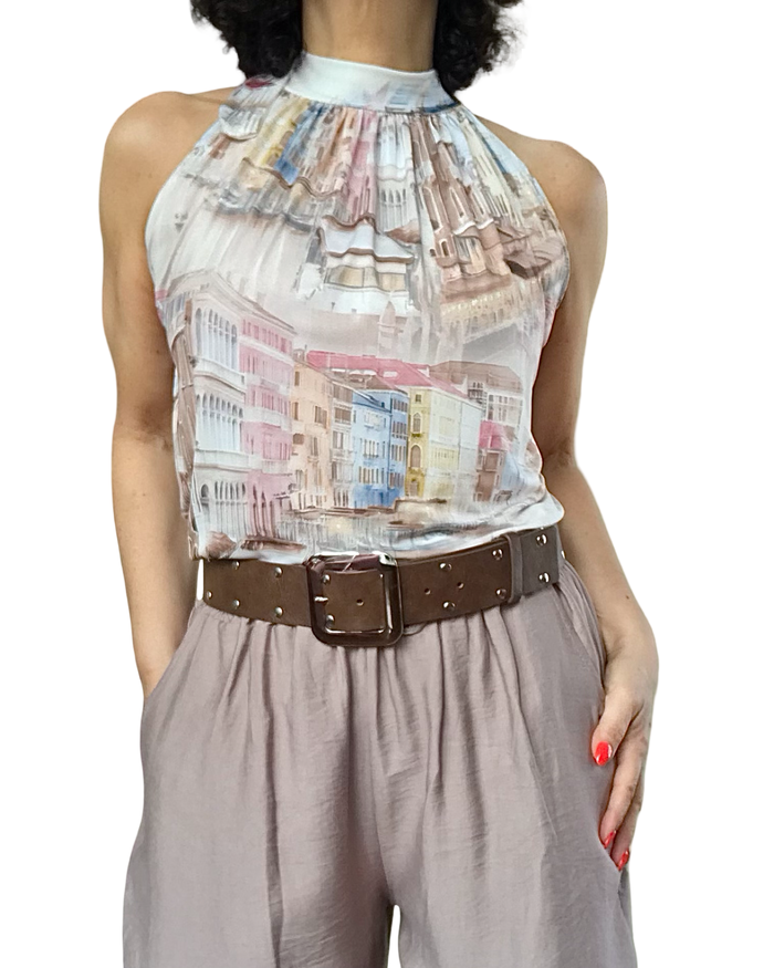 Camisole noué au cou avec paysage de Venise rose pâle