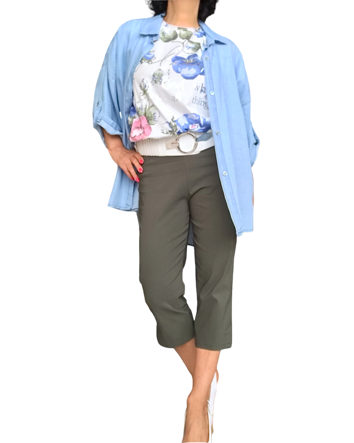T-shirt col rond cordon au bas imprimé fleuri bleu, rose et kaki