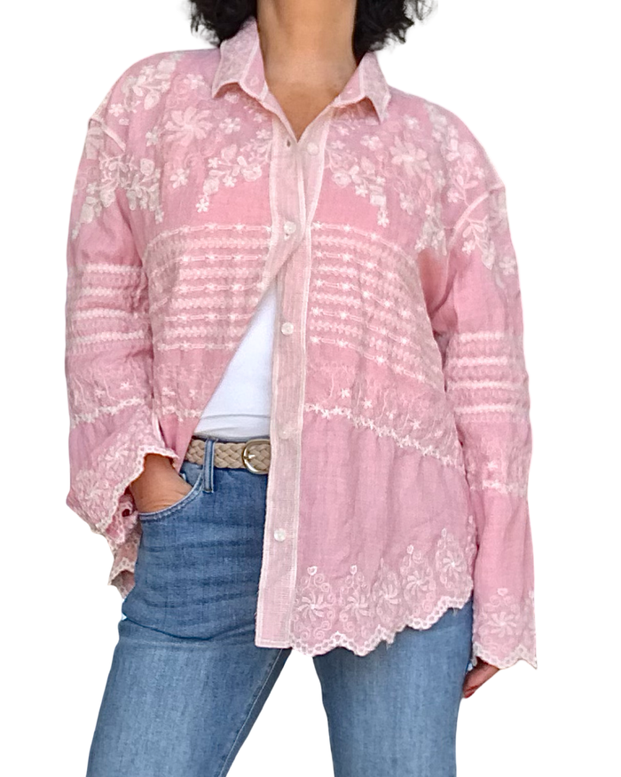 Chemise vieux rose brodée blanc cassé à manche longue