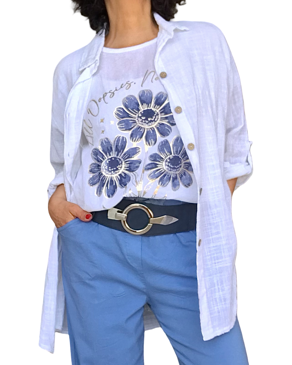 Blouse blanche manche courte avec 3 marguerites marines