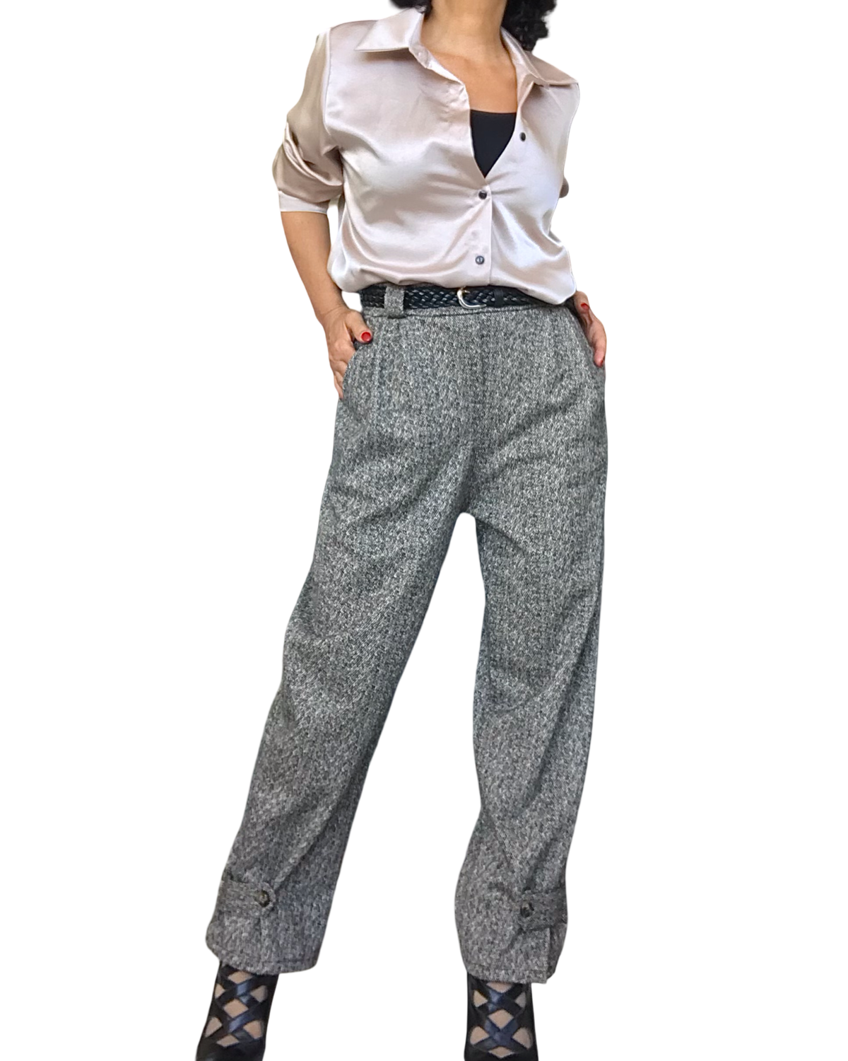 Pantalon tweedé baggy brun et beige, 7/8 taillé élastique ( Livraison 2 octobre)