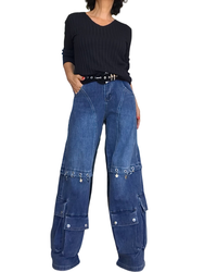 Chandail uni noir en rib col en V manche longue