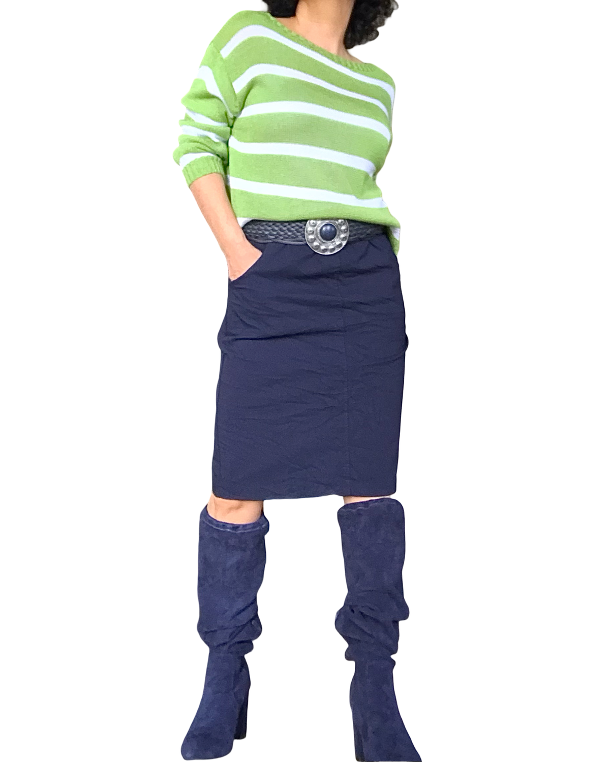 Chandail en tricot manches longues col rond à rayures blanche et vert pomme