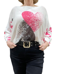Chandail tricot léger blanc avec deux coeurs, fushia et charcoal