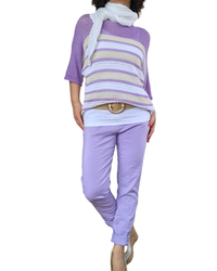 Chandail de tricot rayé lilas, beige et blanc col rond manche courte en pointelle