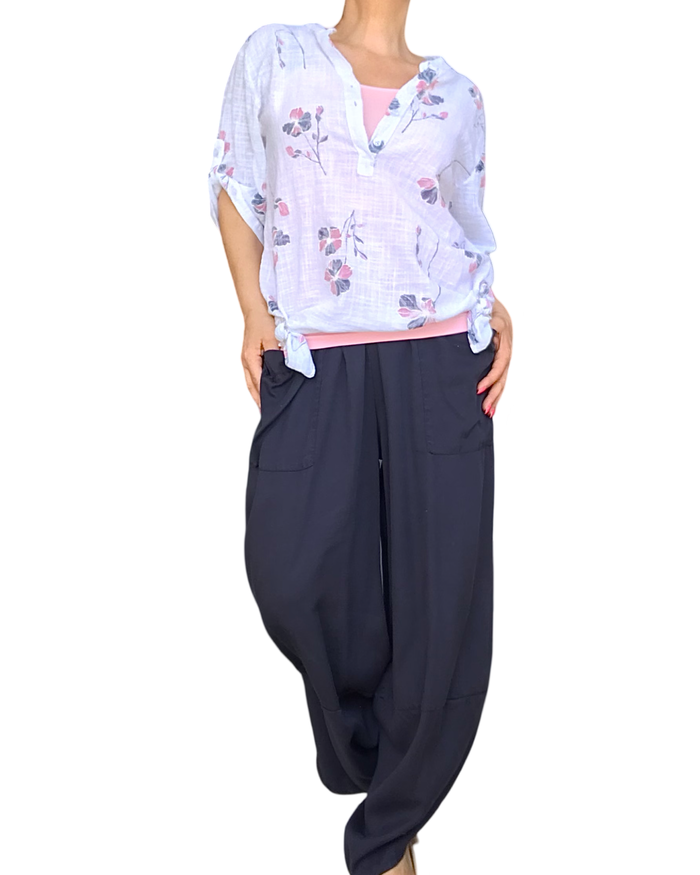 Blouse blanche fleurie col mao coton & lin