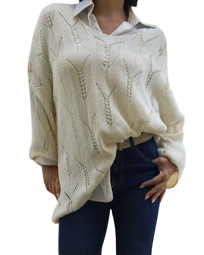 Chandail col en V uni vanille en crochet manche 3/4