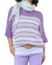Chandail de tricot rayé lilas, beige et blanc col rond manche courte en pointelle