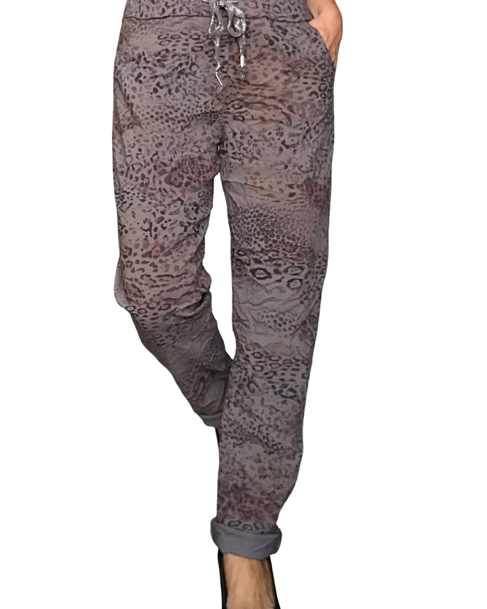 Pantalon moka motifs léopard à taille élastique avec cordon