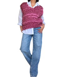 Débardeur en tricot col en V chiné bourgogne et rose